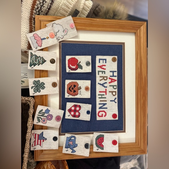 Vintage Framed Cross-Stitch Art with Holiday Themes - Picture 1 of 2